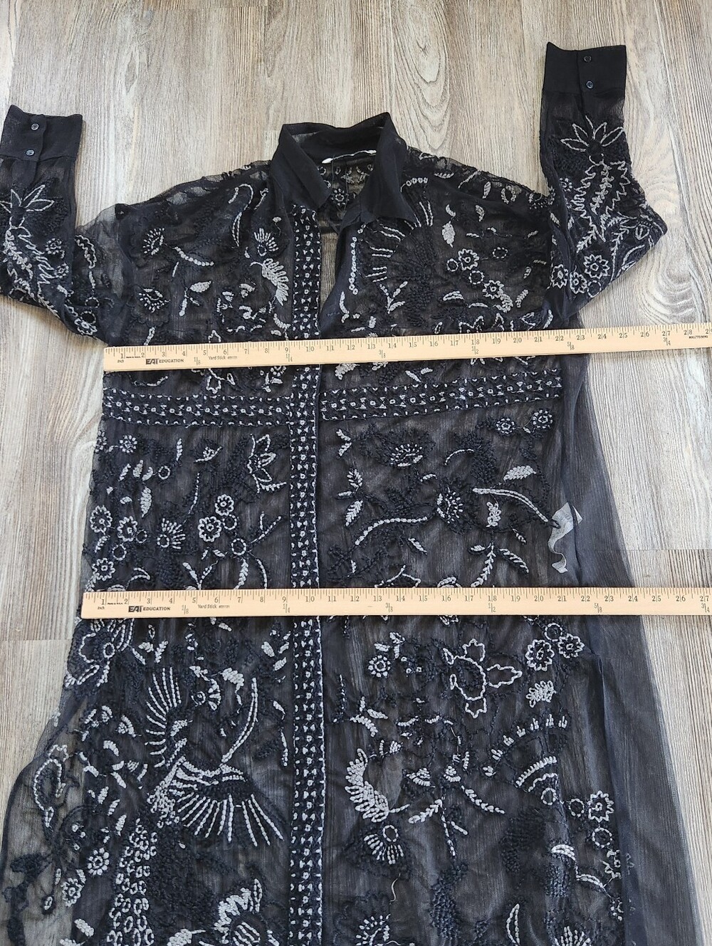 Zara Embroidered Sheer Maxi Length Top Womens M Black Whimsy Goth Button Up - Picture 13 of 16